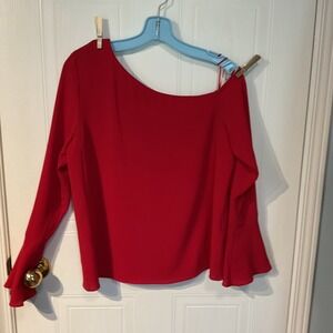 Highline Collective Blouse Womens Medium Red Excellent One Shoulder Bell Sleeve